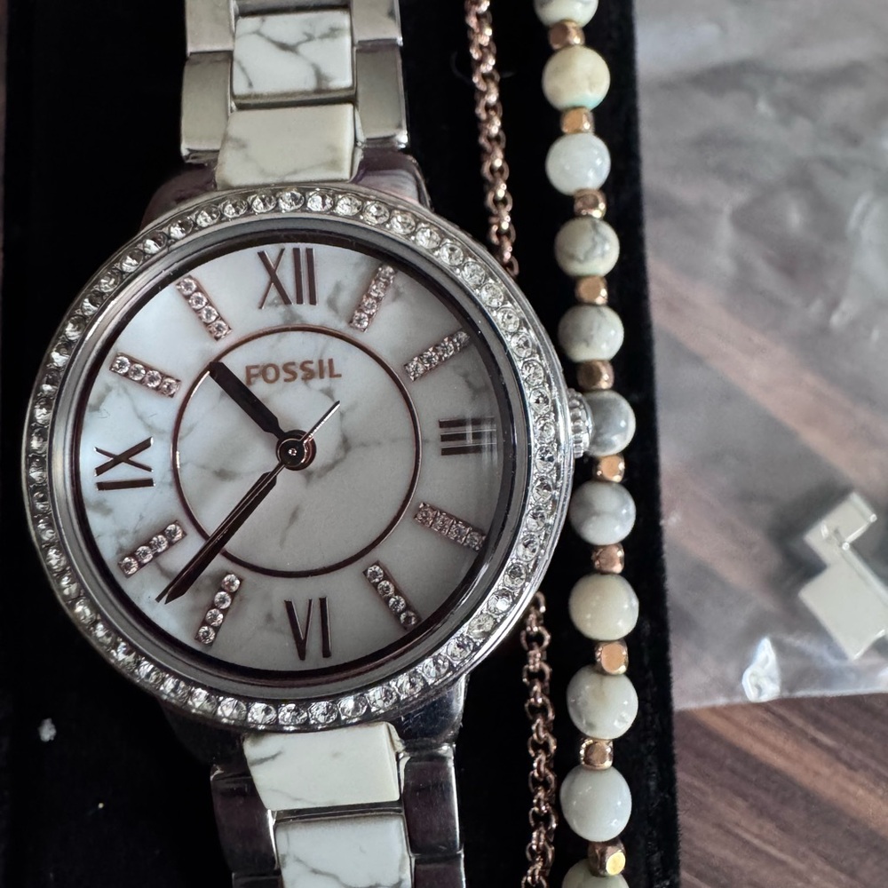 Fossil Silver and White Crystal-Embellished Watch